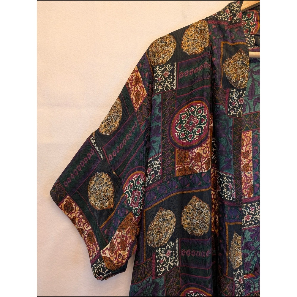 August Silk Intimates 100% Silk Kimono Robe Patchwork Tapestry Green Purple - Picture 4 of 11